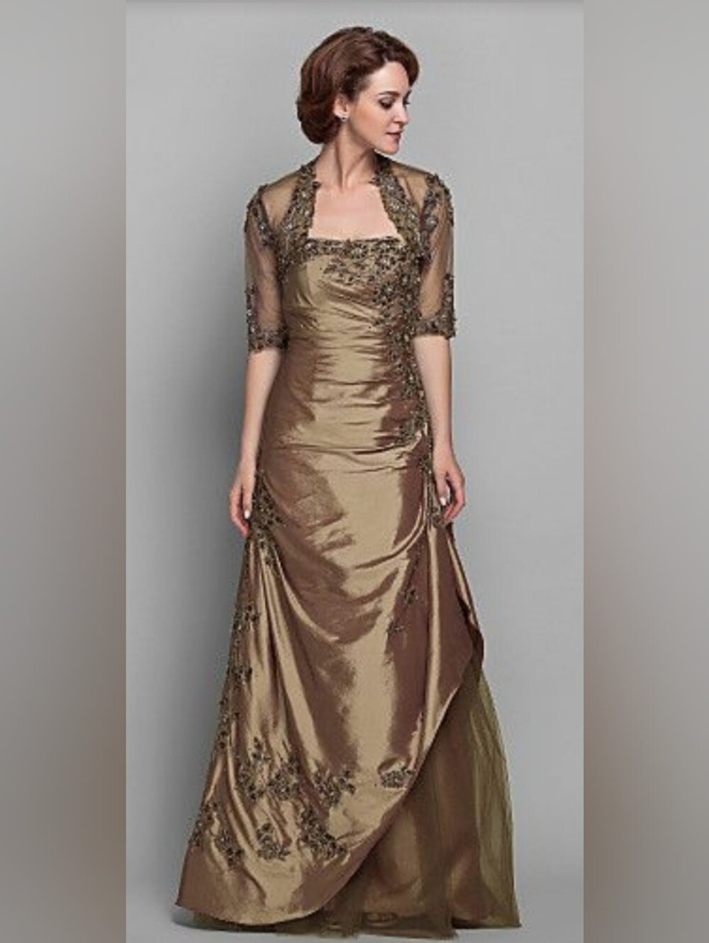 Rina di Montella Bronze Brown Beaded Applique Strapless Jacket Ballgown Dress